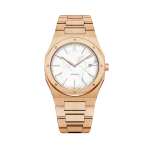Elegant rose gold wristwatch featuring a marble-patterned dial, date display, and sleek design on a matching metal bracelet.