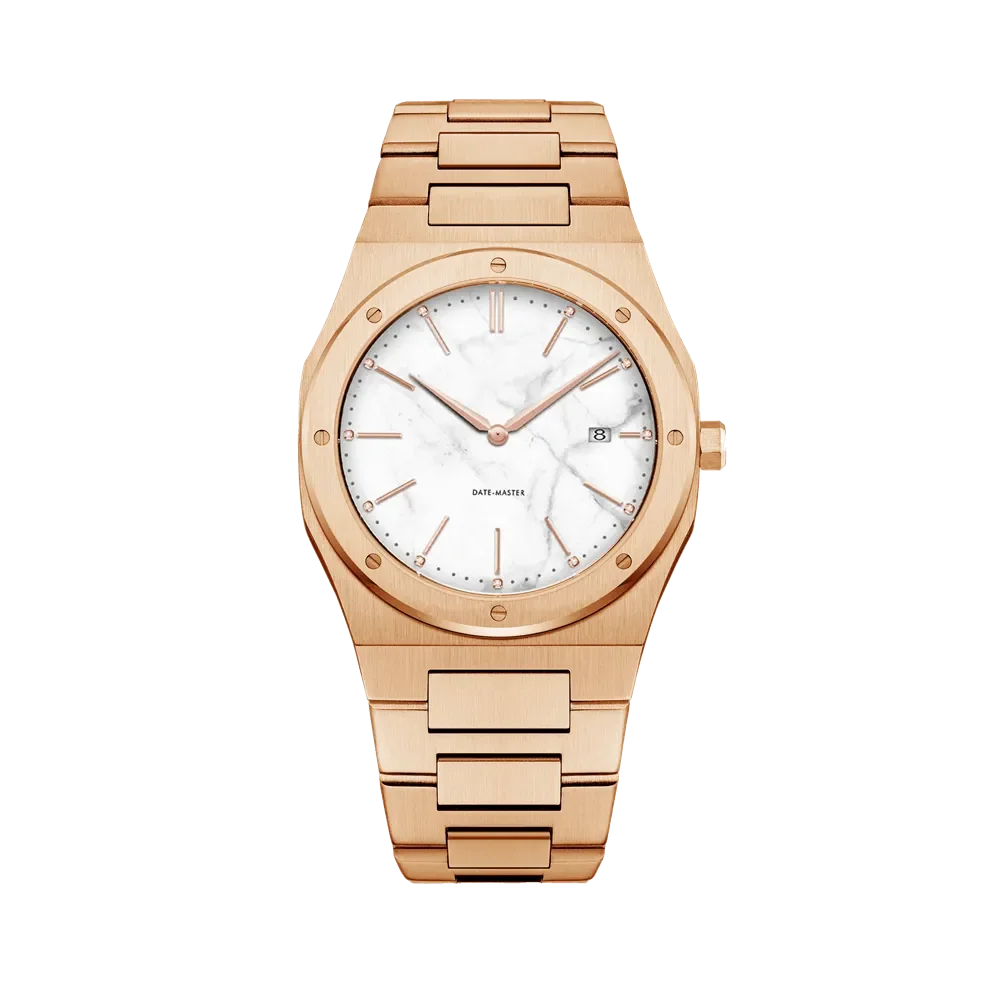 Elegant rose gold wristwatch featuring a marble-patterned dial, date display, and sleek design on a matching metal bracelet.
