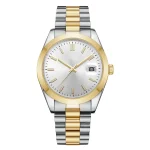 Two-tone wristwatch featuring a silver dial, gold bezel, and steel-gold bracelet with a date window at 3 o'clock.
