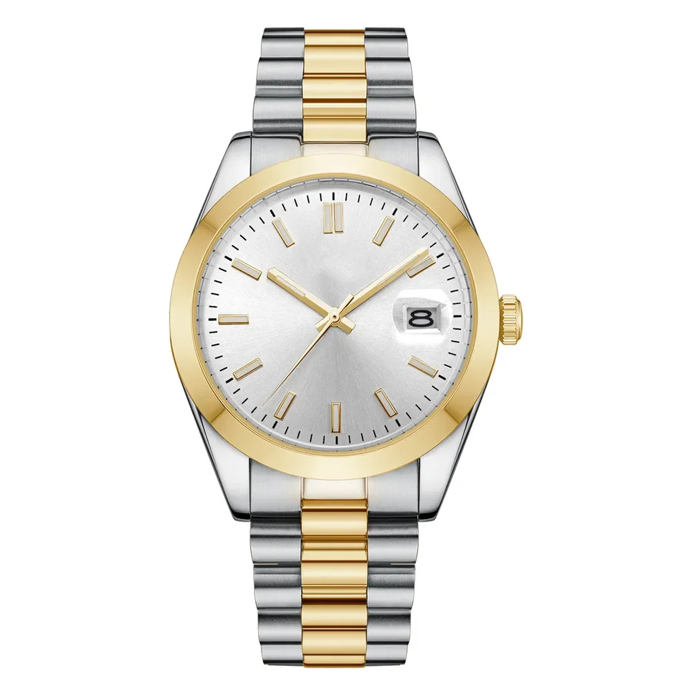 Two-tone wristwatch featuring a silver dial, gold bezel, and steel-gold bracelet with a date window at 3 o'clock.