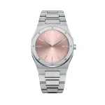 A silver metal wristwatch with a sleek bracelet design, shown from the front view with the face blurred.