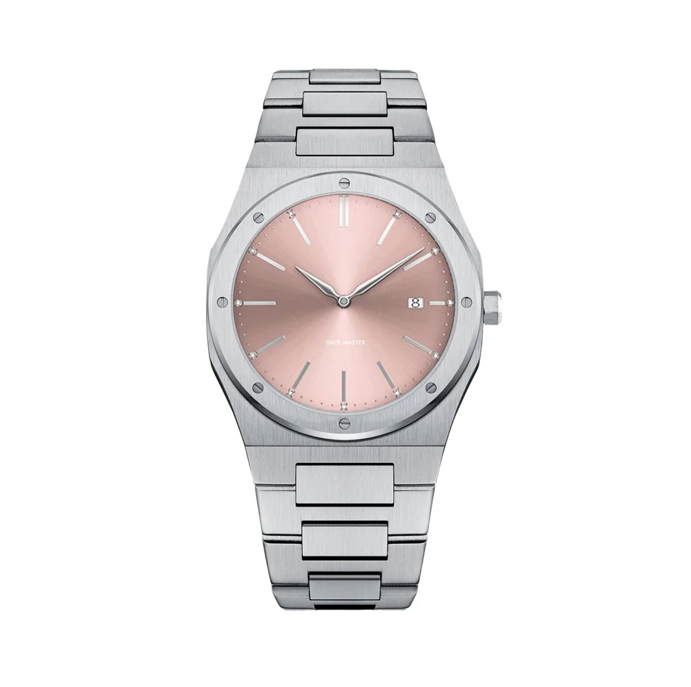 A silver metal wristwatch with a sleek bracelet design, shown from the front view with the face blurred.
