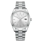 A sleek silver stainless steel watch with a minimalist round dial and date display. Features a polished metal strap.