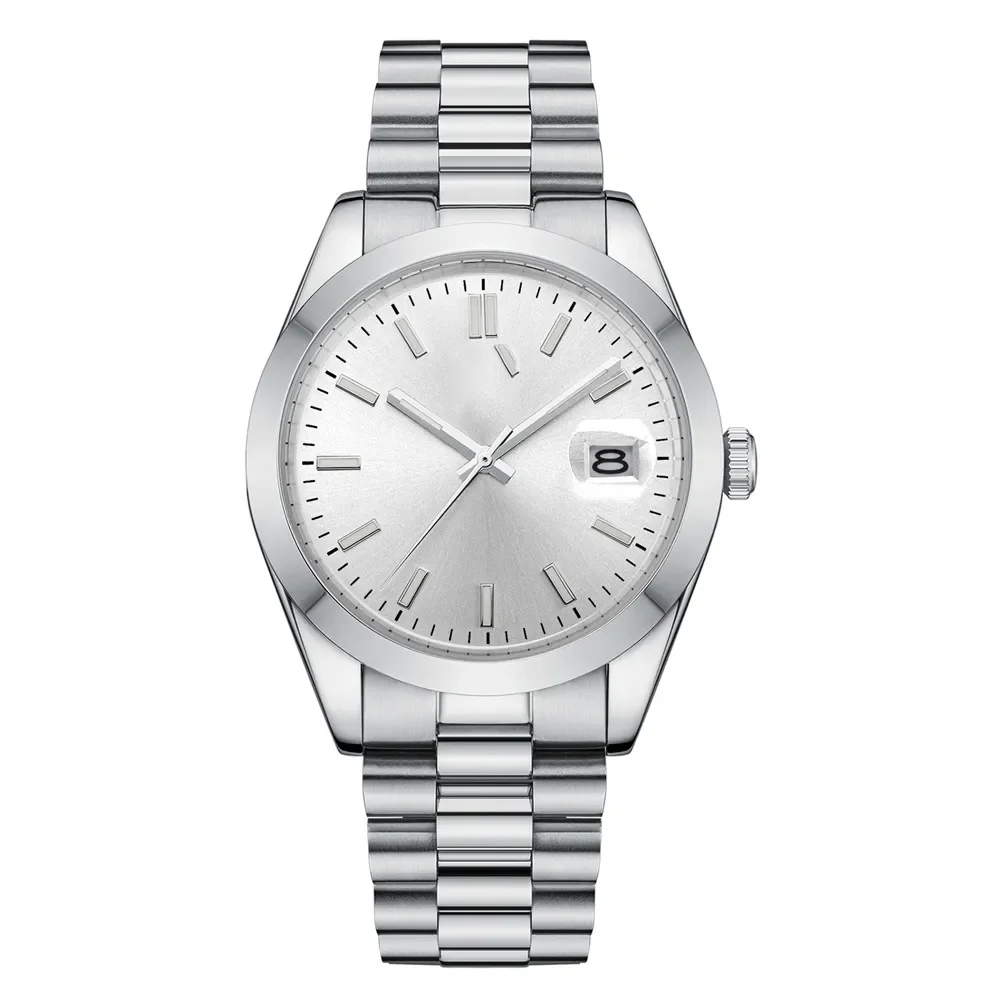 A sleek silver stainless steel watch with a minimalist round dial and date display. Features a polished metal strap.