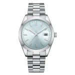 A sleek silver watch with a stainless steel band, light blue dial, minimalist markers, and a date window at 3 o'clock.