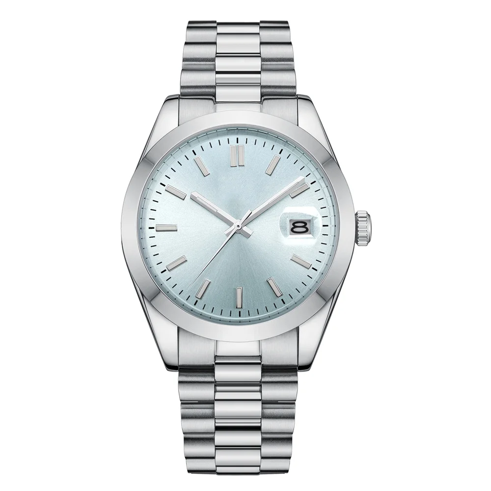 A sleek silver watch with a stainless steel band, light blue dial, minimalist markers, and a date window at 3 o'clock.