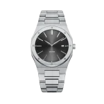 Modern silver watch with a black dial featuring a date display and stainless steel bracelet design on a black background.