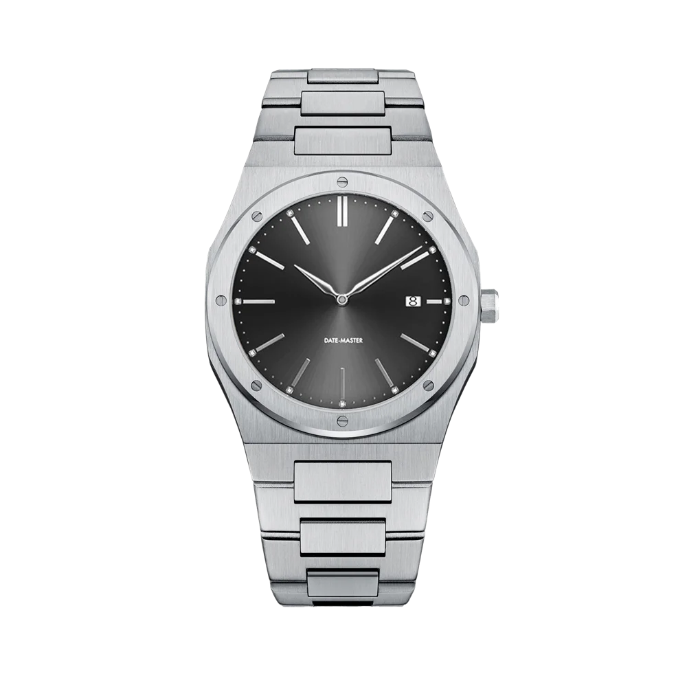 Modern silver watch with a black dial featuring a date display and stainless steel bracelet design on a black background.