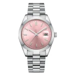 Silver wristwatch with a pink dial, sleek stainless steel strap, and visible date display feature in a modern design.