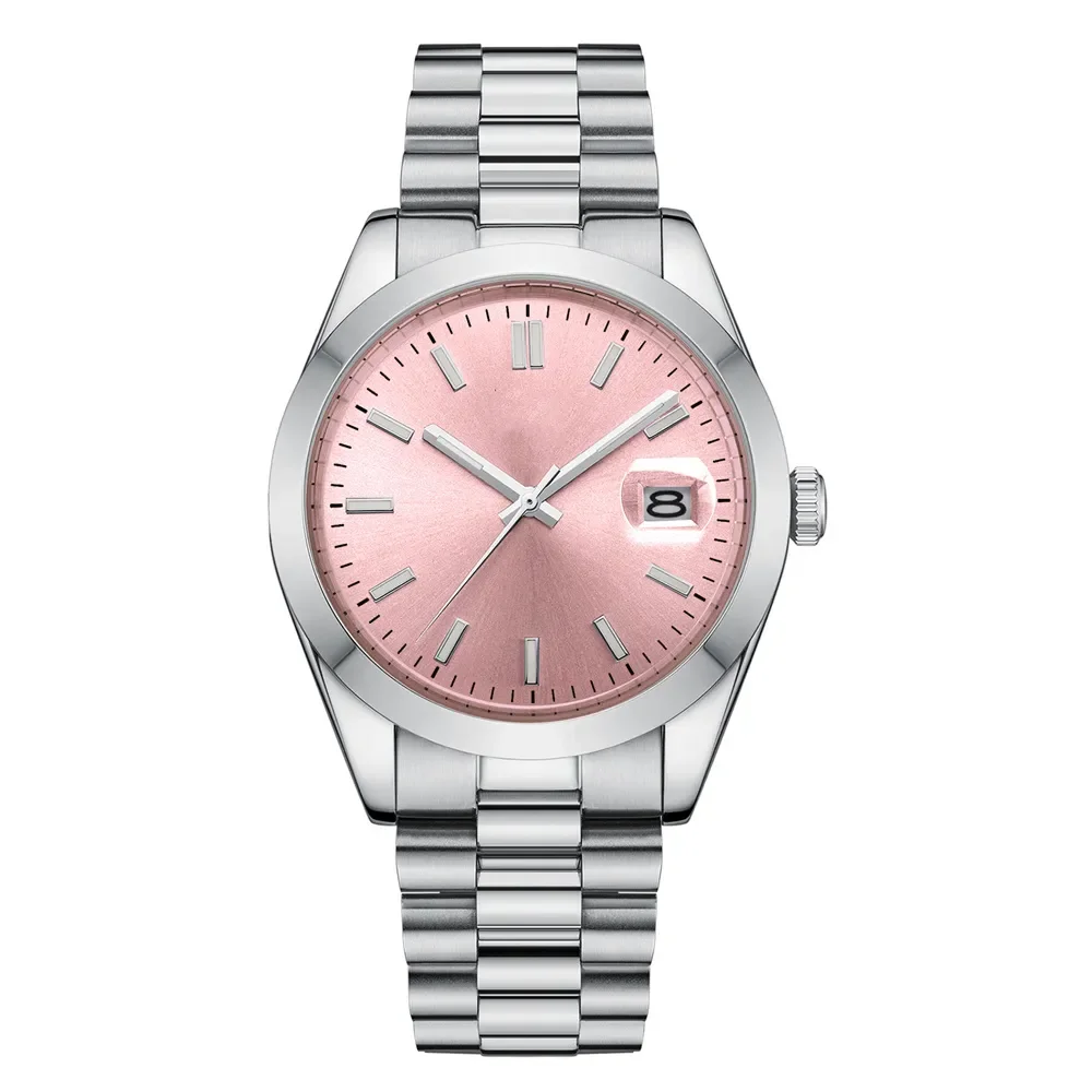 Silver wristwatch with a pink dial, sleek stainless steel strap, and visible date display feature in a modern design.