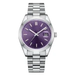 Elegant silver wristwatch with a vibrant purple dial, date display window, and metallic bracelet band against a white background.