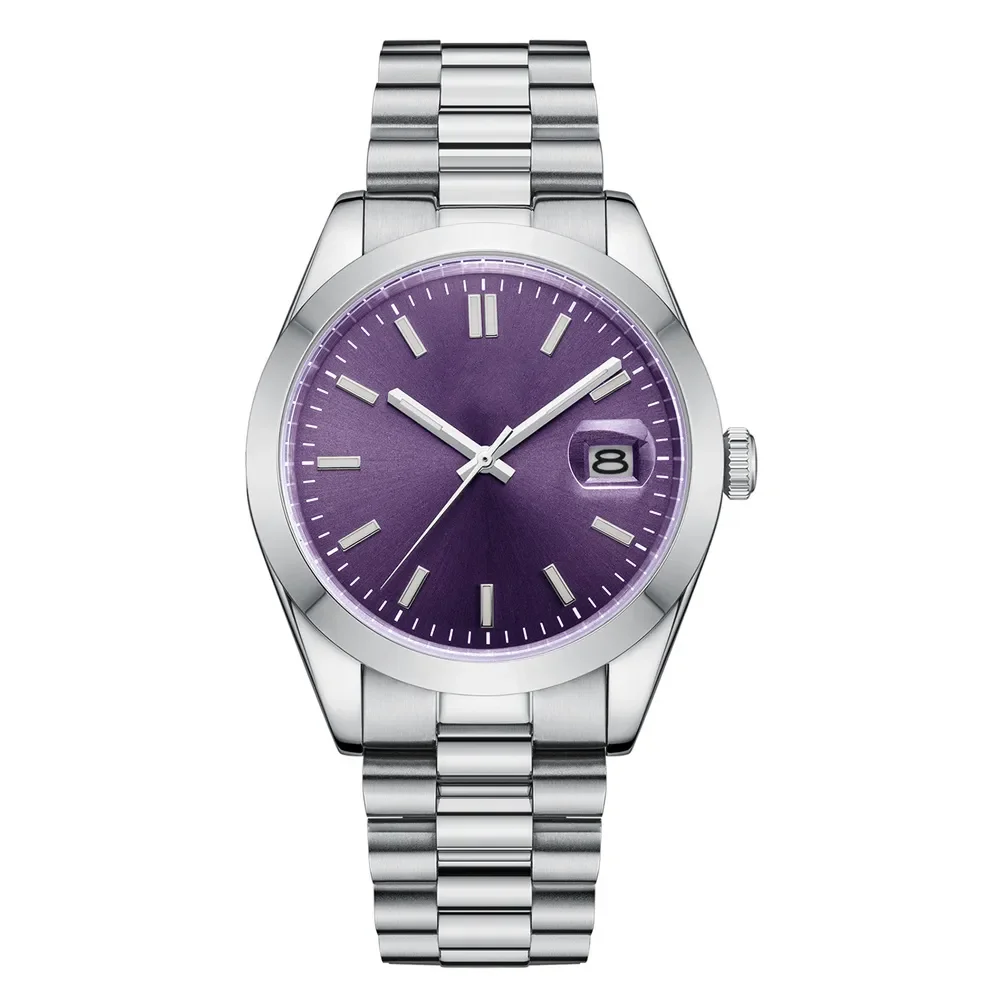 Elegant silver wristwatch with a vibrant purple dial, date display window, and metallic bracelet band against a white background.