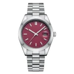 A stylish silver wristwatch with a red dial, sleek metal band, and a date display at 3 o'clock.