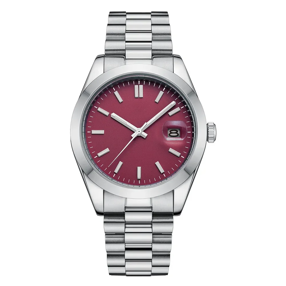 A stylish silver wristwatch with a red dial, sleek metal band, and a date display at 3 o'clock.