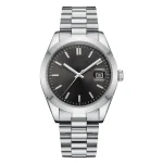 A sleek silver wristwatch with a black dial, minimalist hour markers, and a date display at the 3 o'clock position, featuring a metal link strap.