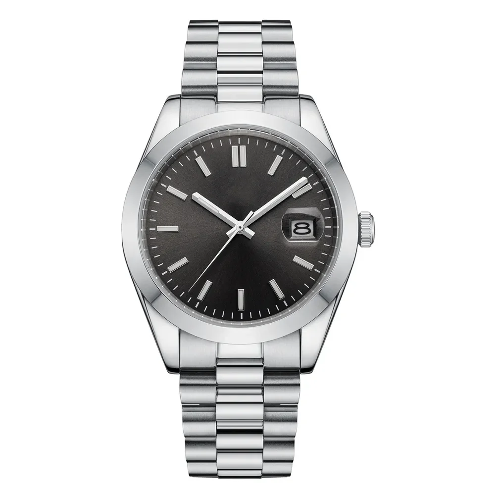 A sleek silver wristwatch with a black dial, minimalist hour markers, and a date display at the 3 o'clock position, featuring a metal link strap.