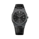 Black luxury wristwatch with a minimalist design, black dial, date display, and leather strap against a white background.