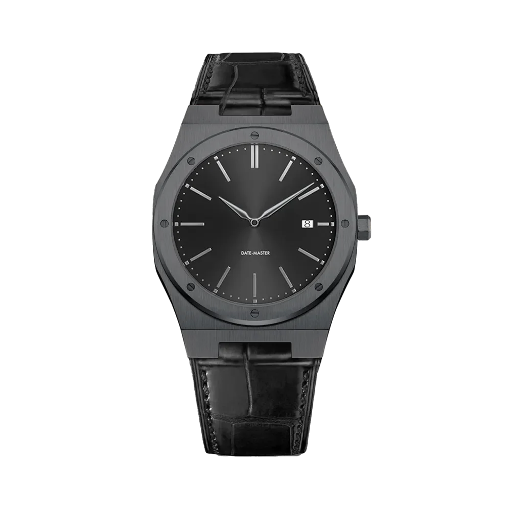 Black luxury wristwatch with a minimalist design, black dial, date display, and leather strap against a white background.