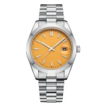 A sleek stainless steel watch with a vibrant yellow dial, silver hour markers, and a date display window at three o'clock.
