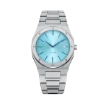 A sleek wristwatch with a stainless steel bracelet and a vibrant blue dial, featuring minimalist hour markers and a date function.