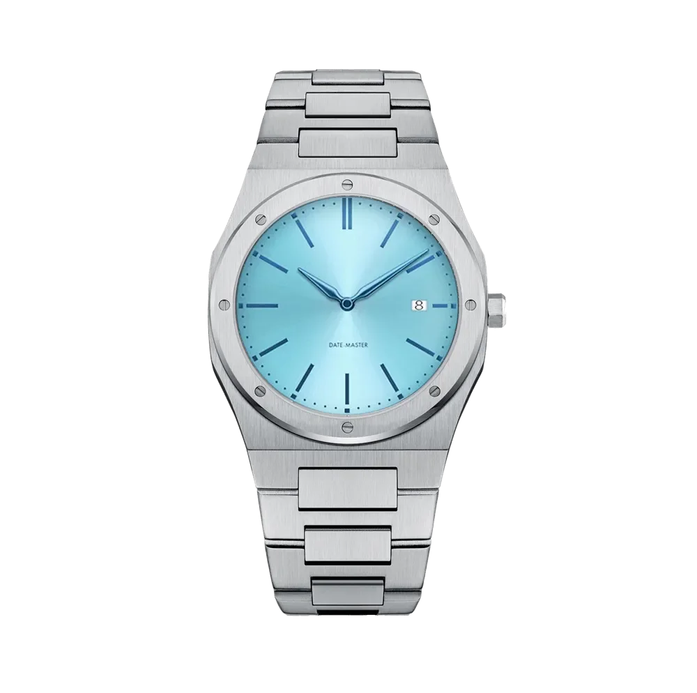 A sleek wristwatch with a stainless steel bracelet and a vibrant blue dial, featuring minimalist hour markers and a date function.