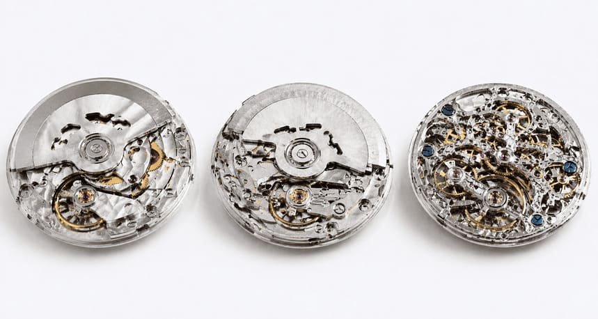 A detailed view of a Seagull skeleton watch movement