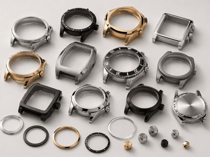 Watch case options showing different materials, shapes and surface treatments