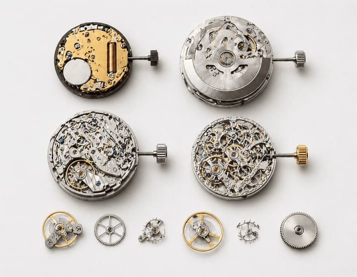 Watch movement options showing quartz and mechanical calibers