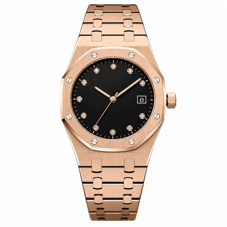 Luxury Rose Gold Diamond Sports Watch – Black Dial