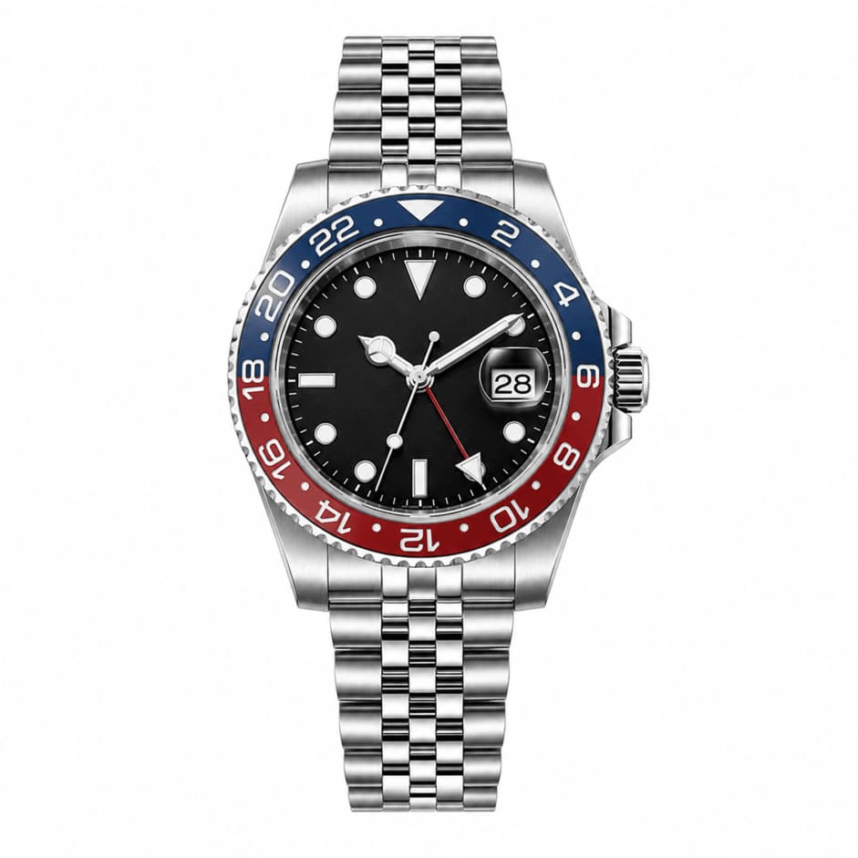 Stainless Steel Sport Watch with Red & Blue Accented Bezel