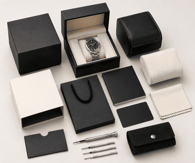 Custom watch packaging options including boxes, inserts and accessories