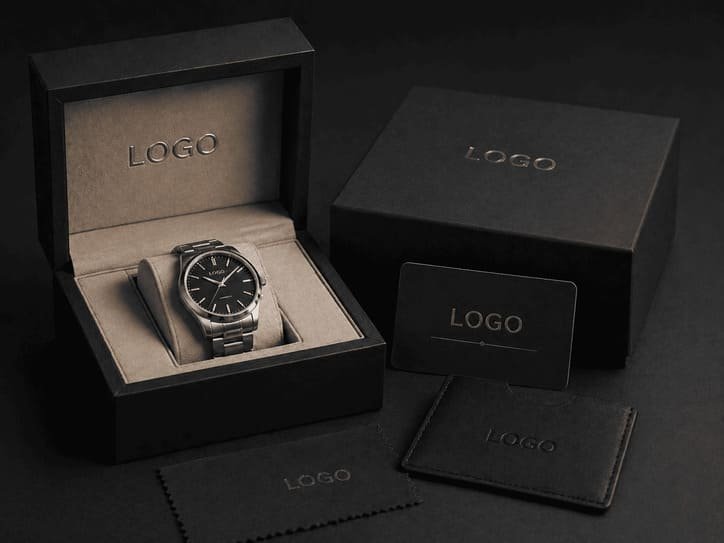Custom packaging example showing branded watch box and presentation materials