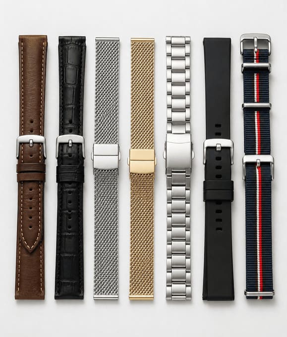 Watch strap options including leather, mesh, metal bracelet and silicone