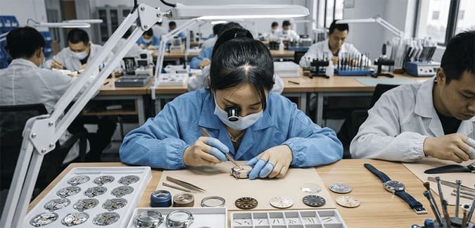 A close-up of watch components on a watchmaker's desk