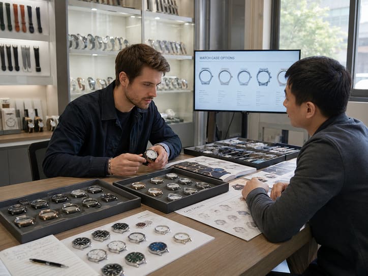 A person choosing from a catalog of existing watch cases.