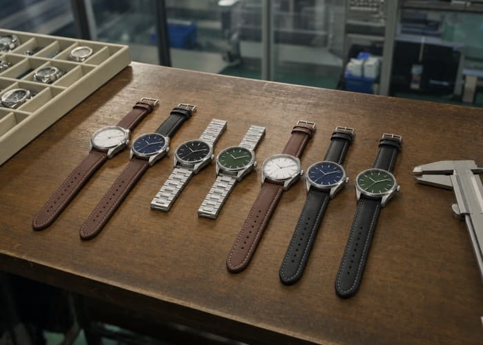 A collection of high-quality Chinese made watches with custom dials and straps on a wooden table.