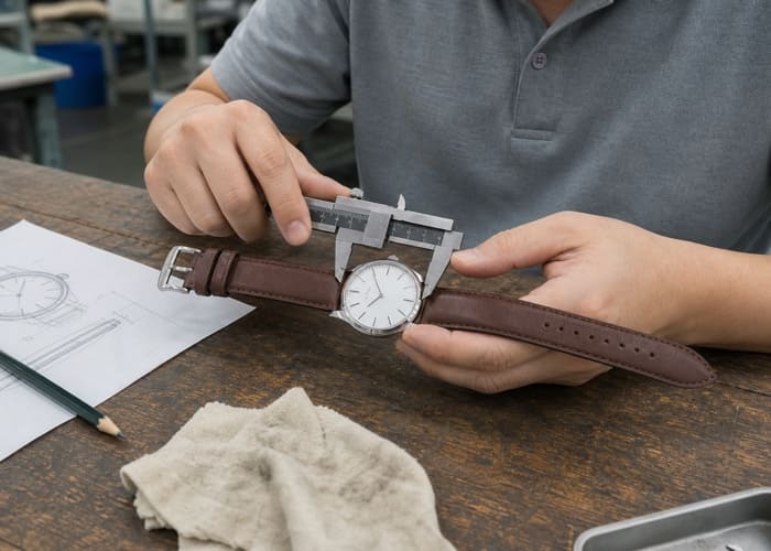 A close-up shot of a classic men's watch with a stainless steel case and leather strap, highlighting its design details.