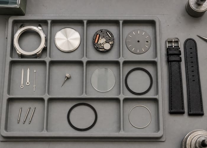 A detailed breakdown of quartz watch manufacturing cost components like the case, dial, and movement.