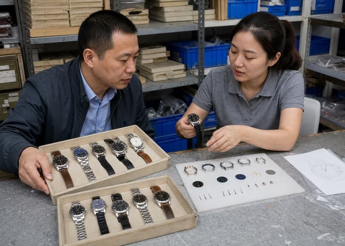 A side-by-side comparison illustrating the difference between wholesale vs custom watches