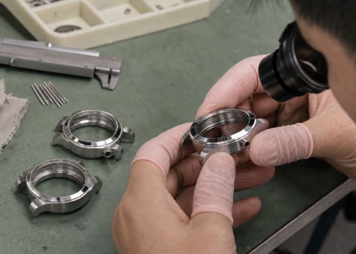 A detailed view comparing the polished case finish of a Chinese made watch to a luxury timepiece.