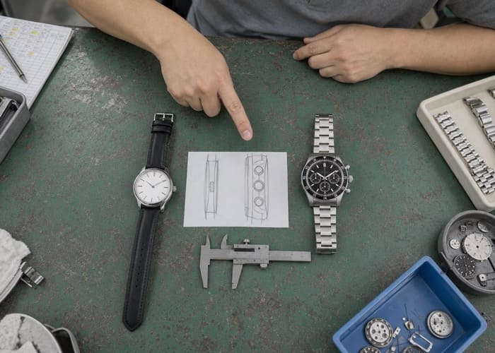 A split image showing a stylish minimalist watch on one side and a functional chronograph watch on the other.
