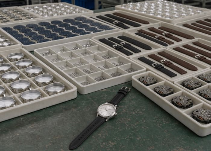 Component trays for watch manufacturing, showing the scale needed for a production run to meet the watch MOQ.