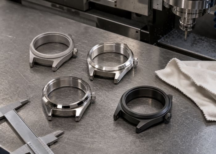 Polished 316L stainless steel watch cases showing how material choice affects quartz watch manufacturing cost.