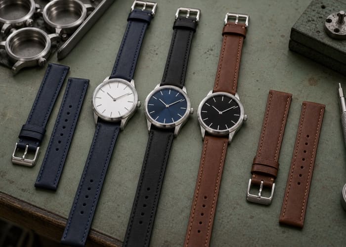 Three watches with identical cases but different colored dials and straps, demonstrating how to create variety within a single watch MOQ.