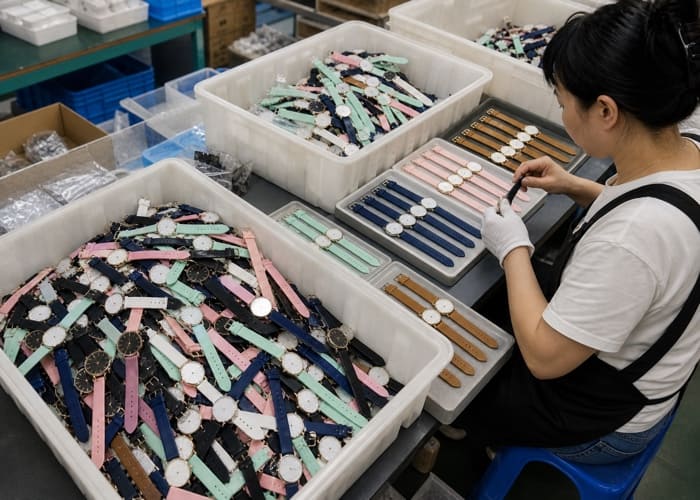 A large bin of simple, colorful alloy watches indicative of the Guangzhou promotional market.