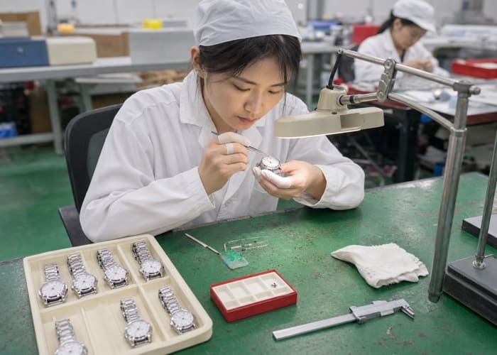 A watchmaker at a workbench inspecting the components of a Chinese made watch under a magnifying glass.