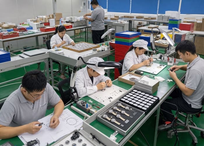 A quality control inspector using a loupe to examine a watch case from a batch of wholesale watches for resellers.