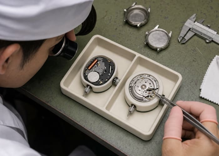 An image comparing a simple quartz movement next to a complex automatic mechanical watch movement.
