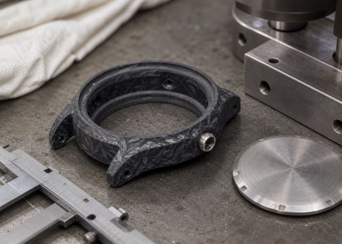 A close-up of a forged carbon fiber watch case, an example of a high-value material that might allow for a lower watch MOQ.