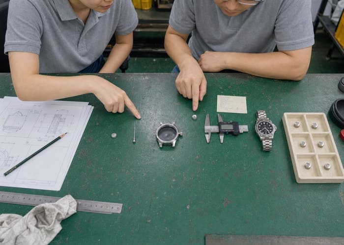 A flowchart showing the OEM watch crown development process, starting with Design and ending with Mass Production.